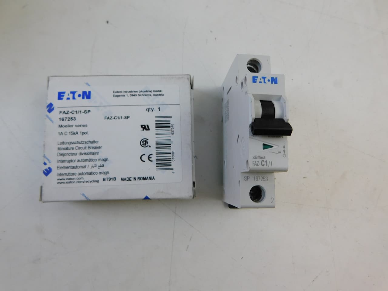 Eaton FAZ-C1/1-SP Eaton FAZ supplementary protector,UL 1077 Industrial miniature circuit breaker-supplementary protector,Single package,Medium levels of inrush current are expected,1 A,15 kAIC,Single-pole,277 V,5-10X/n,Q38,50-60 Hz,Standard terminals,C Curve Eaton FAZ-C1/1-SP Eaton FAZ supplementary protector,UL 1077 Industrial miniature circuit breaker-supplementary protector,Single package,Medium levels of inrush current are expected,1 A,15 kAIC,Single-pole,277 V,5-10X/n,Q38,50-60 Hz,Standard terminals,C Curve
