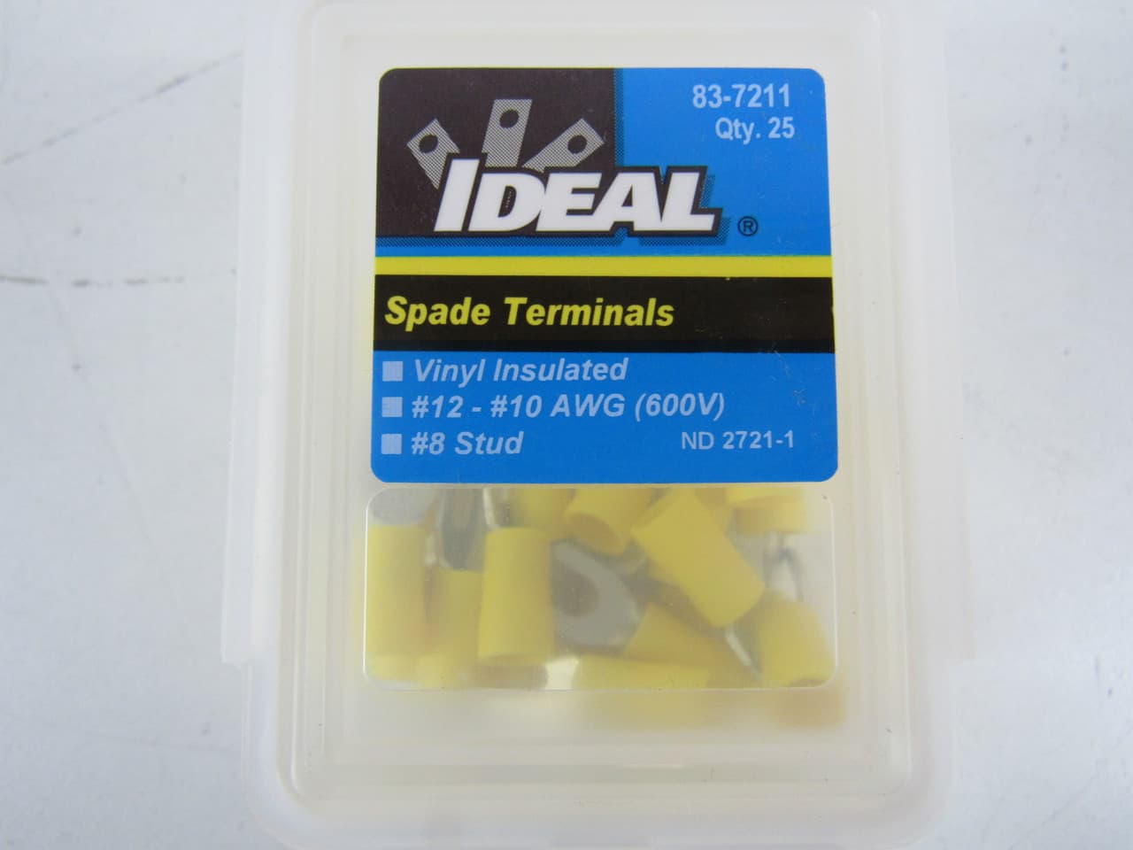 Ideal Industries 83-7211 600 V, 12 to 10 AWG, #8 Stud, Yellow, Tin-Plated Brass, Vinyl Insulated, Wire Spade Terminal (25 per Box) Ideal Industries 83-7211 600 V, 12 to 10 AWG, #8 Stud, Yellow, Tin-Plated Brass, Vinyl Insulated, Wire Spade Terminal (25 per Box)