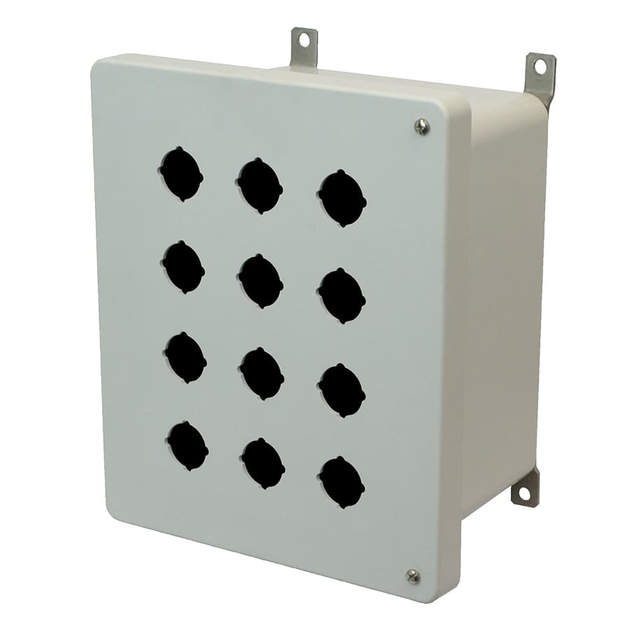 Allied Moulded Products AM1086HP12 10"x8"x6" AM Series fiberglass wall mount enclosure assembly with 2-screw hinged cover and 12 pushbutton holes Allied Moulded Products AM1086HP12 10"x8"x6" AM Series fiberglass wall mount enclosure assembly with 2-screw hinged cover and 12 pushbutton holes