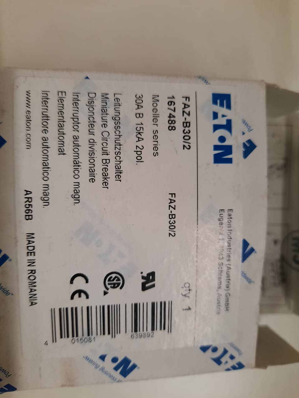 Eaton FAZ-B30/2 Eaton FAZ supplementary protector,UL 1077 Industrial miniature circuit breaker - supplementary protector,Low levels of inrush current are expected,30 A,15 kAIC,Two-pole,3-5X /n,50-60 Hz,Standard terminals,B Curve Eaton FAZ-B30/2 Eaton FAZ supplementary protector,UL 1077 Industrial miniature circuit breaker - supplementary protector,Low levels of inrush current are expected,30 A,15 kAIC,Two-pole,3-5X /n,50-60 Hz,Standard terminals,B Curve