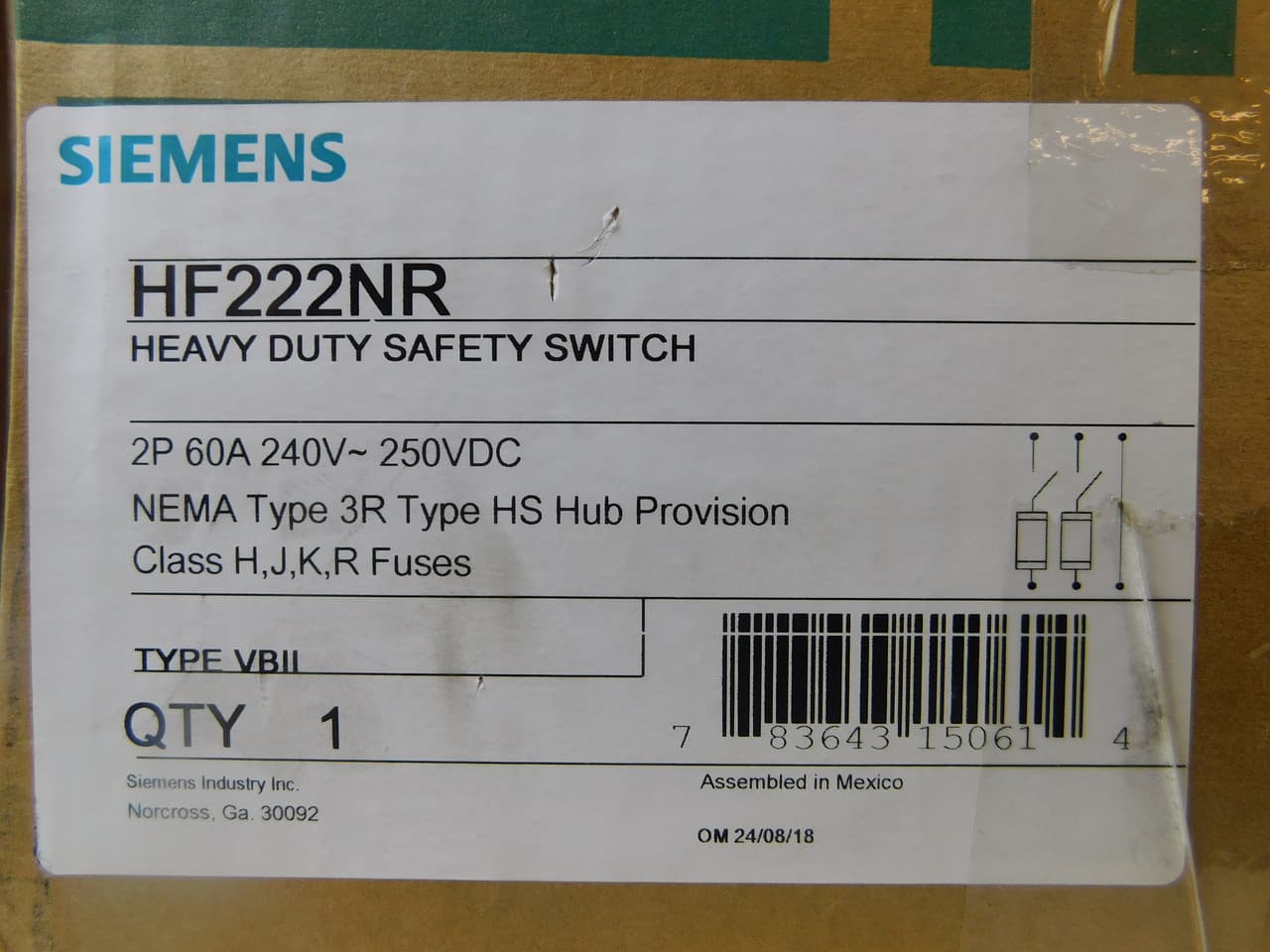 Siemens HF222NR 240 VAC, 250 VDC, 60 A, 10 HP at 240 VAC 1-Phase, 15 HP at 240 VAC 3-Phase, 10 HP at 250 VDC, 3-Wire, 2-Pole, NEMA 3R, 304 Stainless Steel, Fusible, Heavy Duty Siemens HF222NR 240 VAC, 250 VDC, 60 A, 10 HP at 240 VAC 1-Phase, 15 HP at 240 VAC 3-Phase, 10 HP at 250 VDC, 3-Wire, 2-Pole, NEMA 3R, 304 Stainless Steel, Fusible, Heavy Duty