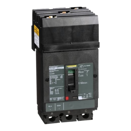 Schneider Electric HGA36050 Square D by Schneider Electric HGA36050 is a Moulded Case Circuit Breaker (MCCB) within the PowerPacT HGA sub-range, designed with a PowerPact H-Frame 150 TMD 3P 50A 600Vac/500Vdc 18kA I-line ABC 80% rated. It features a 3-pole (3P) configuration and offers thermal protection for overload and magnetic protection for short-circuit scenarios. The rated current is 50A, with a rated insulation voltage (Ui) of 750 V and rated voltages of 600Vac 600Y/347Vac for AC and 500Vdc for DC. This breaker mounts on I-line with line side isolated plug-on jaws plus a mechanical I-Line bracket mechanism, ensuring a robust attachment. It has a net height of 163 mm, a width of 104 mm, and a depth of 86 mm. The degree of protection is IP40, and it operates manually via a toggle. Protection settings include over-current fixed at 50A, short-circuit hold current fixed at 400A, and short-circuit trip current fixed at 850A. The rated operating voltage (Ue) is 690 V, with a rated impulse voltage (Uimp) of 8 kV. The trip current rating is 50 AT, with a frame current rating of 150 AF. Its short circuit breaking rating varies across voltages, with 65kA at 240Vac, 35kA at 480Vac and 480Y/277Vac, 18kA at 600Vac and 600Y/347Vac, and 20kA at 250Vdc and 500Vdc, all according to UL489 standards. The trip unit type is thermal-magnetic (fixed) without a display, and it falls under utilisation category A. Schneider Electric HGA36050 Square D by Schneider Electric HGA36050 is a Moulded Case Circuit Breaker (MCCB) within the PowerPacT HGA sub-range, designed with a PowerPact H-Frame 150 TMD 3P 50A 600Vac/500Vdc 18kA I-line ABC 80% rated. It features a 3-pole (3P) configuration and offers thermal protection for overload and magnetic protection for short-circuit scenarios. The rated current is 50A, with a rated insulation voltage (Ui) of 750 V and rated voltages of 600Vac 600Y/347Vac for AC and 500Vdc for DC. This breaker mounts on I-line with line side isolated plug-on jaws plus a mechanical I-Line bracket mechanism, ensuring a robust attachment. It has a net height of 163 mm, a width of 104 mm, and a depth of 86 mm. The degree of protection is IP40, and it operates manually via a toggle. Protection settings include over-current fixed at 50A, short-circuit hold current fixed at 400A, and short-circuit trip current fixed at 850A. The rated operating voltage (Ue) is 690 V, with a rated impulse voltage (Uimp) of 8 kV. The trip current rating is 50 AT, with a frame current rating of 150 AF. Its short circuit breaking rating varies across voltages, with 65kA at 240Vac, 35kA at 480Vac and 480Y/277Vac, 18kA at 600Vac and 600Y/347Vac, and 20kA at 250Vdc and 500Vdc, all according to UL489 standards. The trip unit type is thermal-magnetic (fixed) without a display, and it falls under utilisation category A.