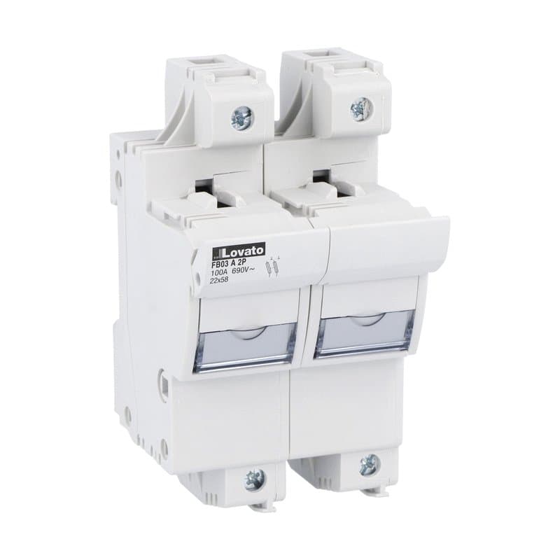 Lovato Electric FB03A2P FB03A2P Lovato - Fuse holder UL recognized and CSA certified, for 22X58mm fuses. 100A/125A rated current at 690VAC, 2P. Without status indicator. 2 modules Lovato Electric FB03A2P FB03A2P Lovato - Fuse holder UL recognized and CSA certified, for 22X58mm fuses. 100A/125A rated current at 690VAC, 2P. Without status indicator. 2 modules