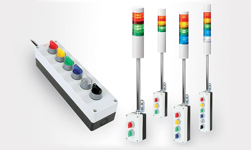 Patlite VSST-LR4-502LJBW-RYGBC 6-switch, 3-position control box with LR4-502LJBW on 300mm pole, with power supply Patlite VSST-LR4-502LJBW-RYGBC 6-switch, 3-position control box with LR4-502LJBW on 300mm pole, with power supply