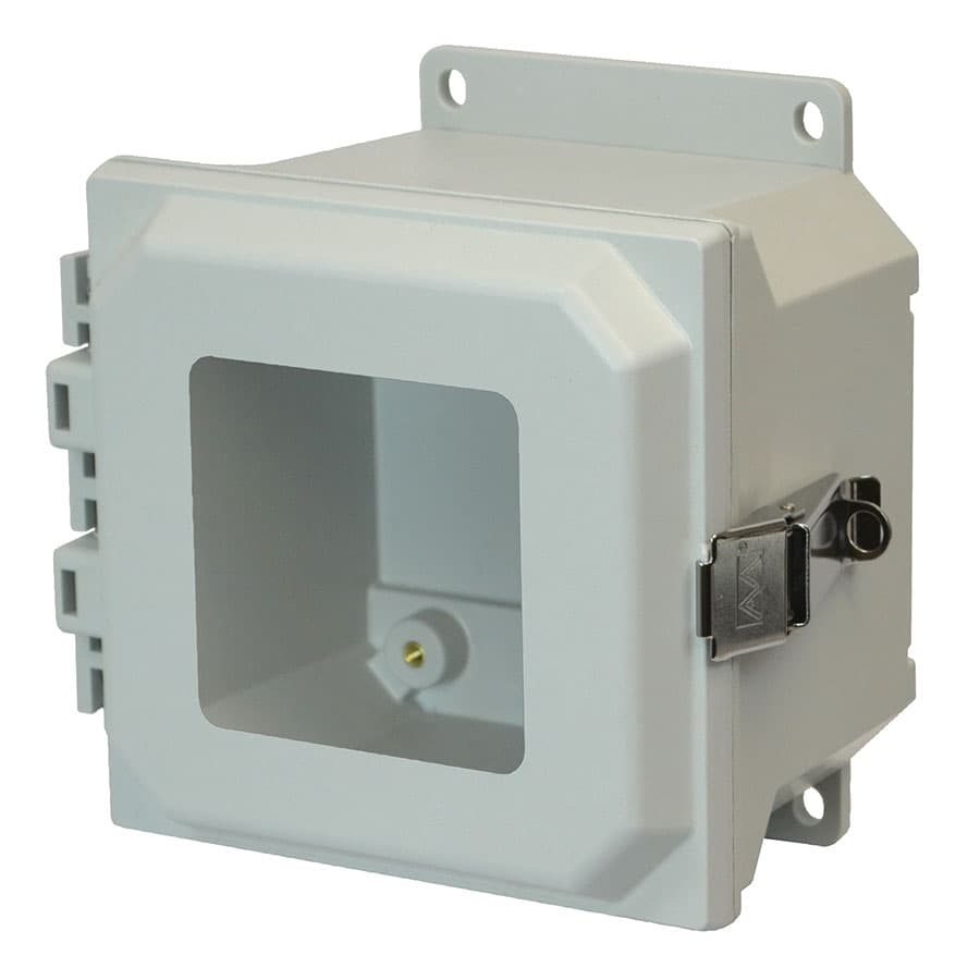 Allied Moulded Products AMU664LWF 6"x6"x4" ULTRALINE® fiberglass wall mount enclosure assembly with hinged window cover and stainless-steel snap latch Allied Moulded Products AMU664LWF 6"x6"x4" ULTRALINE® fiberglass wall mount enclosure assembly with hinged window cover and stainless-steel snap latch