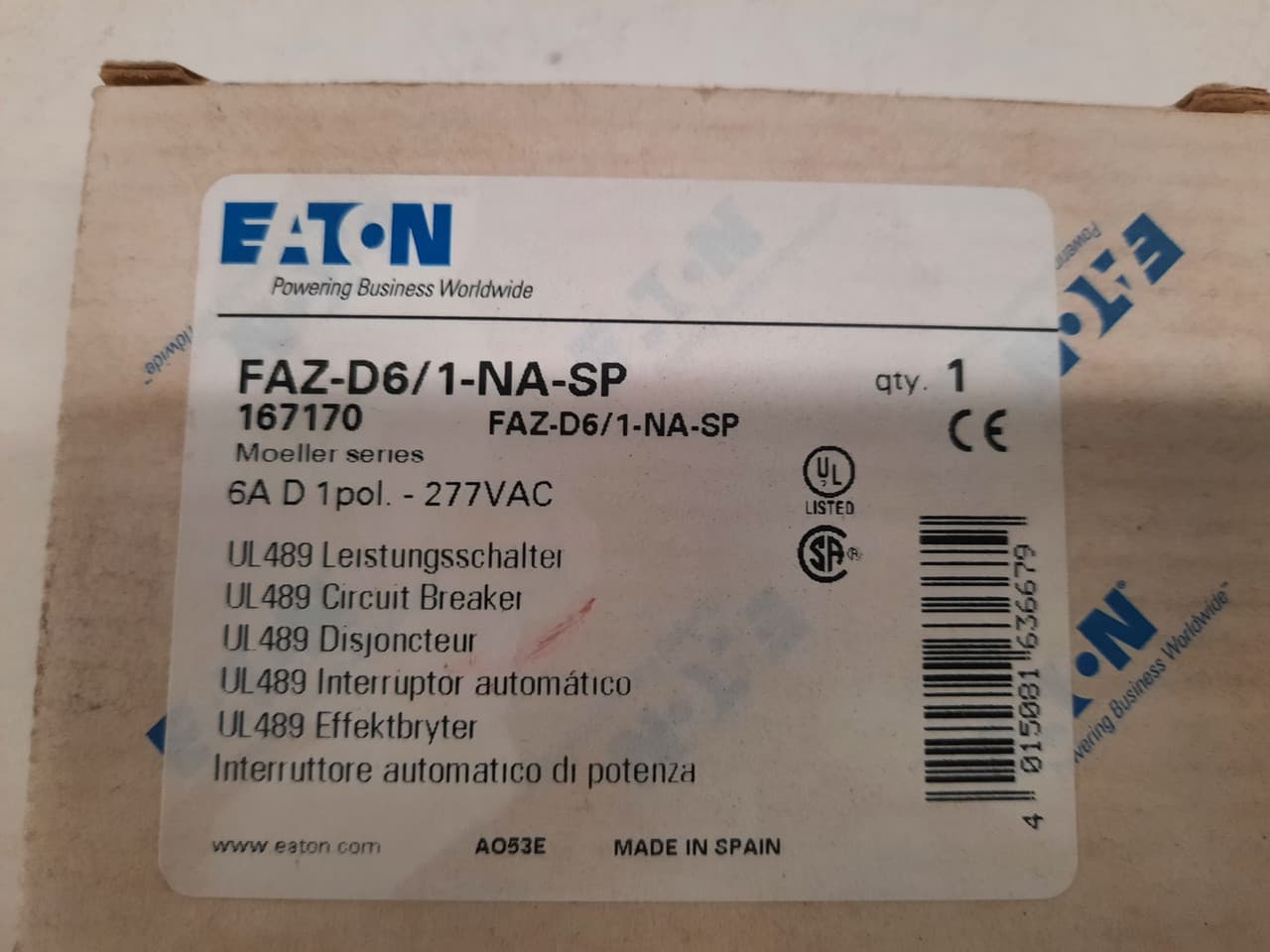 Eaton FAZ-D6/1-NA-SP Eaton FAZ branch protector,UL 489 Industrial miniature circuit breaker - supplementary protector,Single package,High levels of inrush current are expected,6 A,10 kAIC,Single-pole,277 V,10-20X /n,Q38,50-60 Hz,Screw terminals,D Curve Eaton FAZ-D6/1-NA-SP Eaton FAZ branch protector,UL 489 Industrial miniature circuit breaker - supplementary protector,Single package,High levels of inrush current are expected,6 A,10 kAIC,Single-pole,277 V,10-20X /n,Q38,50-60 Hz,Screw terminals,D Curve
