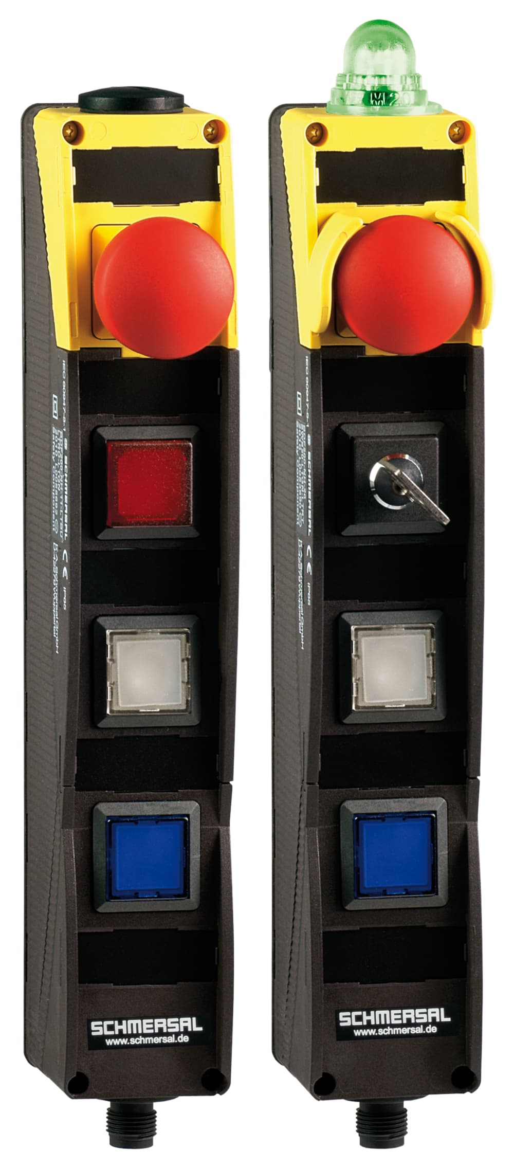 Schmersal BDF200-ST1-AS-NH-WS20-LTWH-LTGN AS interface safety at work; Safety switchgear; Integrated AS-Interface; with connector plug M12 bottom; Pos 1: E-STOP; Pos 2: Selector switch, 2 positions; Pos 3: WHITE illuminated pushbutton; Pos 4: GREEN illuminated pushbutton; slender shock-proof ther Schmersal BDF200-ST1-AS-NH-WS20-LTWH-LTGN AS interface safety at work; Safety switchgear; Integrated AS-Interface; with connector plug M12 bottom; Pos 1: E-STOP; Pos 2: Selector switch, 2 positions; Pos 3: WHITE illuminated pushbutton; Pos 4: GREEN illuminated pushbutton; slender shock-proof ther
