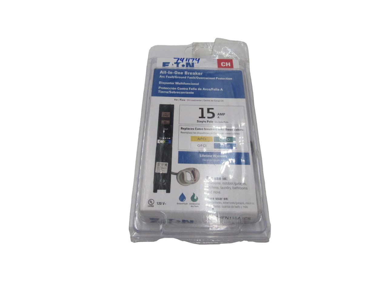 Eaton CHFN115A1CS CHFN115A1CS Eaton - Eaton CH arc fault / ground fault circuit breaker, All-In-One, 15A, 10 kAIC , Single-pole, 120V, pigtail, 3/4" AFCI/GFCI Eaton CHFN115A1CS CHFN115A1CS Eaton - Eaton CH arc fault / ground fault circuit breaker, All-In-One, 15A, 10 kAIC , Single-pole, 120V, pigtail, 3/4" AFCI/GFCI