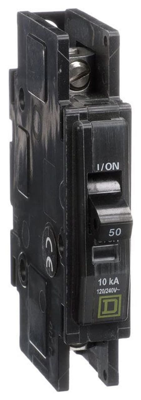 Schneider Electric QOU150 Square D by Schneider Electric QOU150 is a unit-mount Miniature Circuit Breaker (MCB) designed for a single-pole configuration. It features slotted box lugs connections on both the load and line sides, accommodating a cross-section of 14-2AWG for one aluminum or copper cable. This MCB is rated for a current of 50A and offers a short circuit breaking rating of 10kA at 240Vac and 5kA at 48Vdc. It supports a rated voltage of 120V and 240V for AC circuits and 48Vdc for DC circuits. The terminals are of the box lugs type, ensuring a secure connection. Schneider Electric QOU150 Square D by Schneider Electric QOU150 is a unit-mount Miniature Circuit Breaker (MCB) designed for a single-pole configuration. It features slotted box lugs connections on both the load and line sides, accommodating a cross-section of 14-2AWG for one aluminum or copper cable. This MCB is rated for a current of 50A and offers a short circuit breaking rating of 10kA at 240Vac and 5kA at 48Vdc. It supports a rated voltage of 120V and 240V for AC circuits and 48Vdc for DC circuits. The terminals are of the box lugs type, ensuring a secure connection.