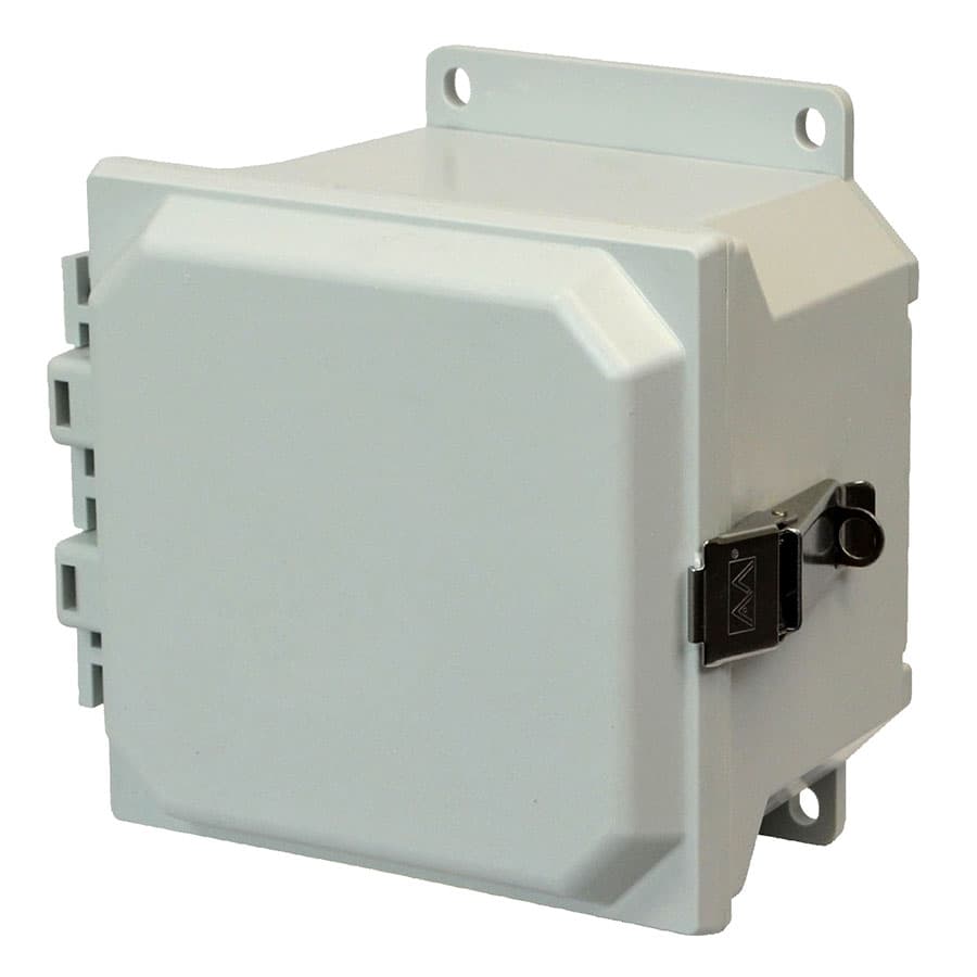 Allied Moulded Products AMU664LF 6"x6"x4" ULTRALINE® fiberglass wall mount enclosure assembly with hinged cover and stainless-steel snap latch Allied Moulded Products AMU664LF 6"x6"x4" ULTRALINE® fiberglass wall mount enclosure assembly with hinged cover and stainless-steel snap latch