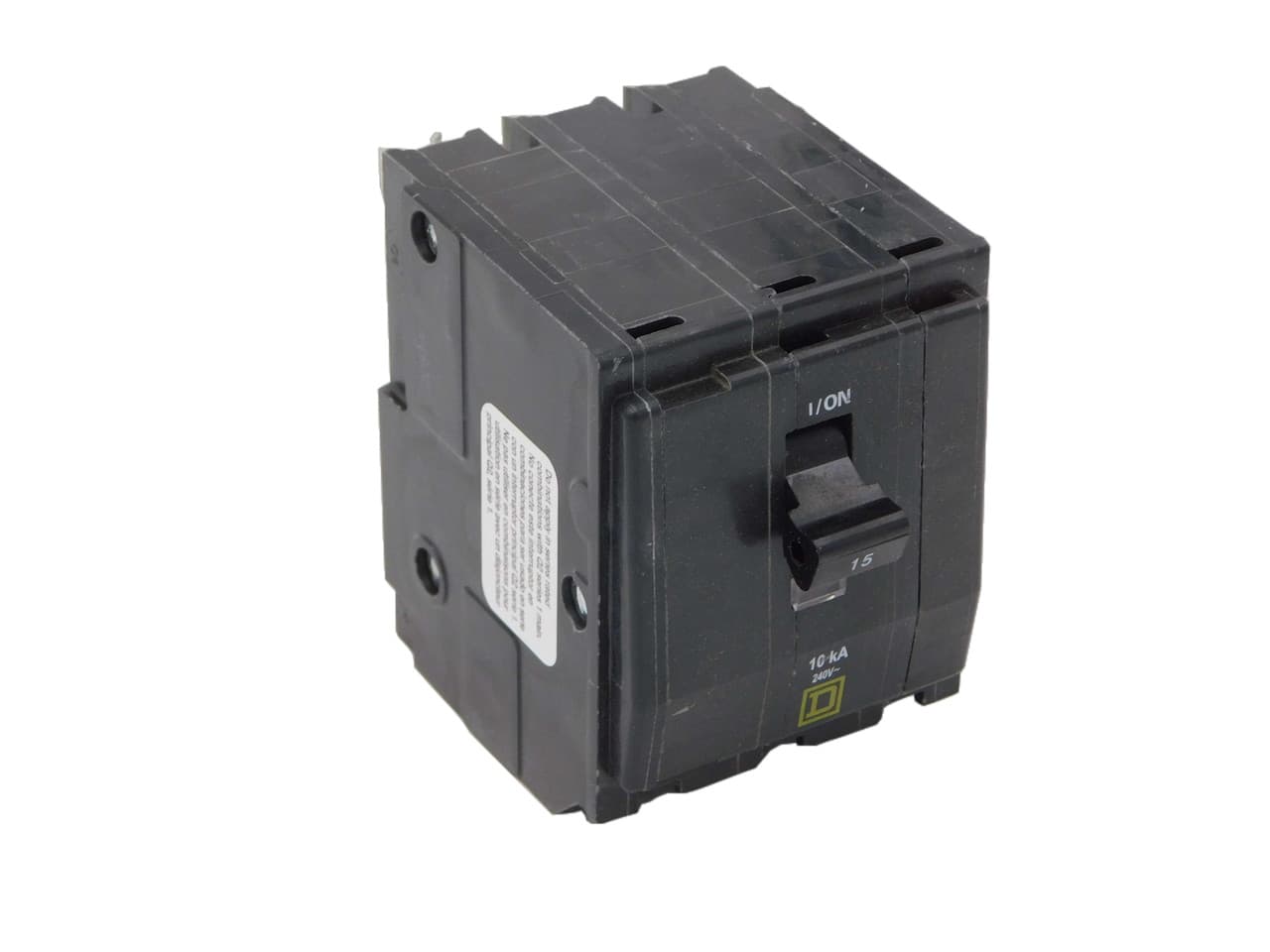 Schneider Electric QO315 Square D by Schneider Electric QO315 is a Miniature Circuit Breaker (MCB) designed for plug-in mounting. It features a rated current of 15A and accommodates a plug-in connection type. This MCB is compatible with a voltage rating of 48Vdc and 120/240Vac, supporting a cross-section of 14-8AWG for 1 cable Al/Cu. It is a 3 Pole device with a short circuit breaking rating of 10kA at 240Vac and 5kA at 48Vdc. The terminals are of the press plate type. Schneider Electric QO315 Square D by Schneider Electric QO315 is a Miniature Circuit Breaker (MCB) designed for plug-in mounting. It features a rated current of 15A and accommodates a plug-in connection type. This MCB is compatible with a voltage rating of 48Vdc and 120/240Vac, supporting a cross-section of 14-8AWG for 1 cable Al/Cu. It is a 3 Pole device with a short circuit breaking rating of 10kA at 240Vac and 5kA at 48Vdc. The terminals are of the press plate type.