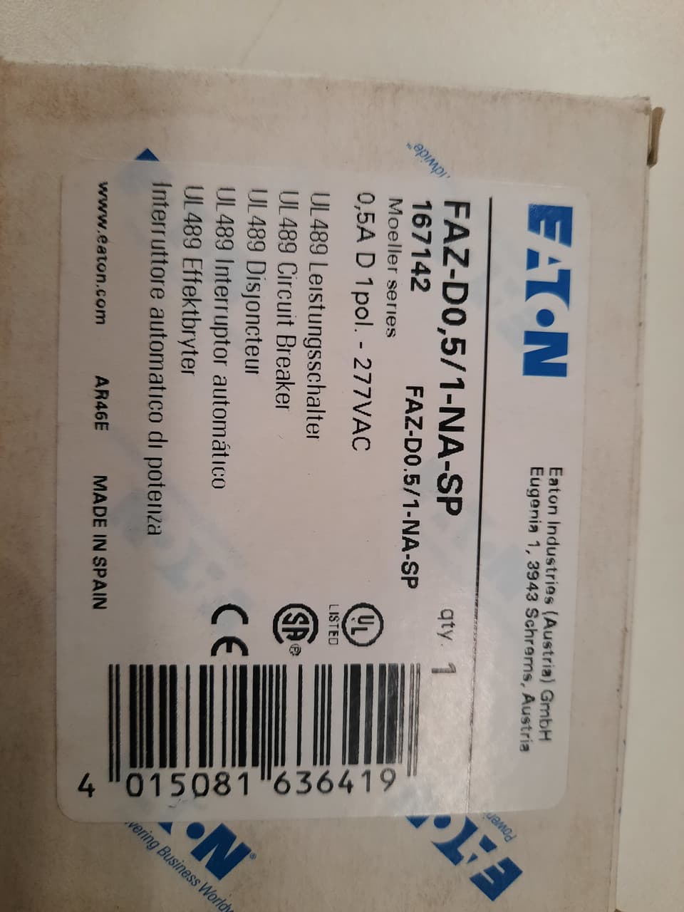 Eaton FAZ-D0.5/1-NA-SP Eaton FAZ branch protector,UL 489 Industrial miniature circuit breaker - supplementary protector,Single package,High levels of inrush current are expected,0.5 A,10 kAIC,Single-pole,277 V,10-20X /n,Q38,50-60 Hz,Screw terminals,D Curve Eaton FAZ-D0.5/1-NA-SP Eaton FAZ branch protector,UL 489 Industrial miniature circuit breaker - supplementary protector,Single package,High levels of inrush current are expected,0.5 A,10 kAIC,Single-pole,277 V,10-20X /n,Q38,50-60 Hz,Screw terminals,D Curve