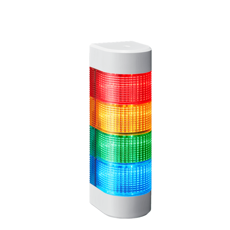 Patlite WME-4M2DFB-RYGB 4-tier, 80mm Profile Wall Mount LED Signal Tower; Flashing/buzzer, Off-white body, Red, Amber, Green, and Blue LED Lights Patlite WME-4M2DFB-RYGB 4-tier, 80mm Profile Wall Mount LED Signal Tower; Flashing/buzzer, Off-white body, Red, Amber, Green, and Blue LED Lights