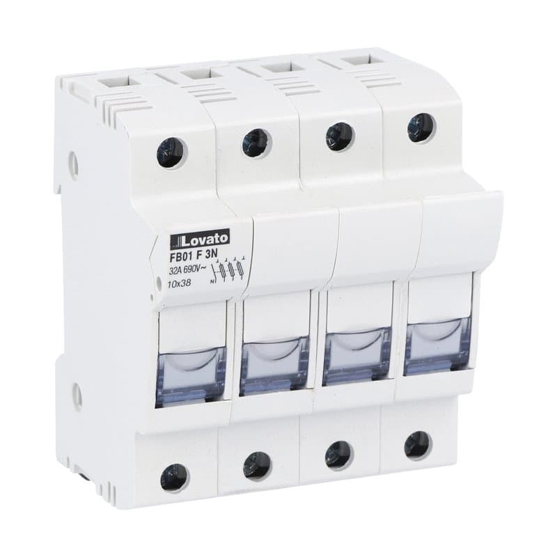 Lovato Electric FB01F3N FB01F3N Lovato - Fuse holder UL recognized and CSA certified, for 10X38mm fuses. 32A rated current at 690VAC, 3P+N. Without status indicator. 4 modules Lovato Electric FB01F3N FB01F3N Lovato - Fuse holder UL recognized and CSA certified, for 10X38mm fuses. 32A rated current at 690VAC, 3P+N. Without status indicator. 4 modules