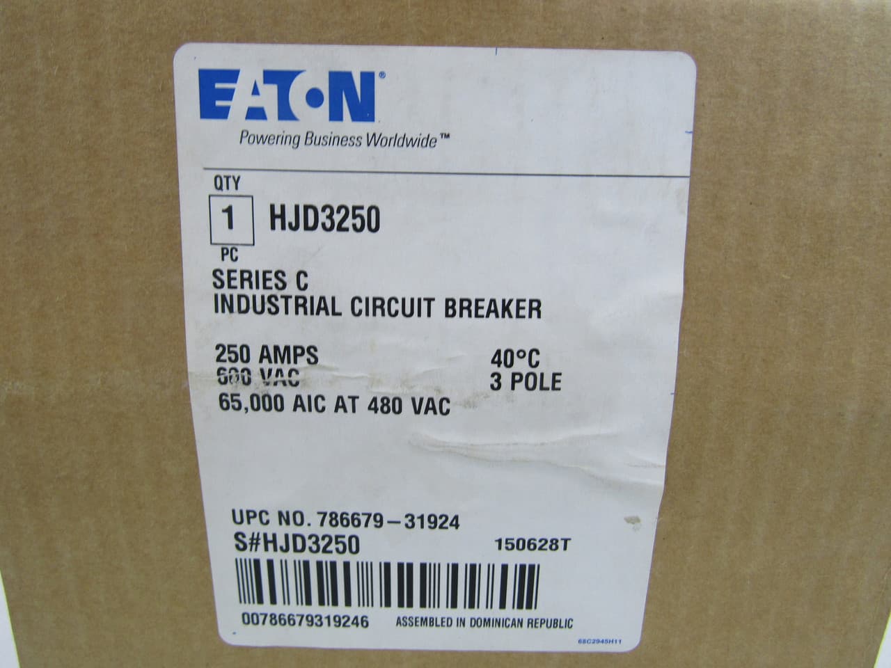 Eaton HJD3250 HJD3250 Eaton - Eaton Series C complete molded case circuit breaker, J-frame, HJD, Fixed thermal, Fixed magnetic trip, Three-pole, 250 A, 600 Vac, 250 Vdc, 100 kAIC at 240 Vac, 65 kAIC at 480 Vac, Aluminum, Line and load, 50/60 Hz Eaton HJD3250 HJD3250 Eaton - Eaton Series C complete molded case circuit breaker, J-frame, HJD, Fixed thermal, Fixed magnetic trip, Three-pole, 250 A, 600 Vac, 250 Vdc, 100 kAIC at 240 Vac, 65 kAIC at 480 Vac, Aluminum, Line and load, 50/60 Hz