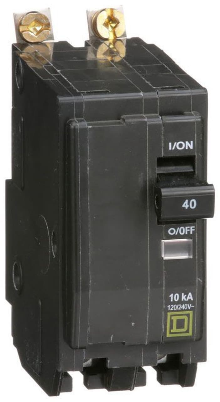Schneider Electric QOB240 Square D by Schneider Electric QOB240 is a Miniature Circuit Breaker (MCB) designed for bolt-on mounting. It features a rated current of 40A and accommodates a bolt-on connection type. This MCB is compatible with both AC and DC circuits, having a rated voltage of 120V to 240V for AC and 48Vdc for DC. It supports a cross-section of 8-2AWG for one cable, either aluminum or copper, and is equipped with 2 poles. The QOB240 offers a short circuit breaking rating of 10kA at 240Vac and 5kA at 48Vdc. Its terminals are of the box lugs type. Schneider Electric QOB240 Square D by Schneider Electric QOB240 is a Miniature Circuit Breaker (MCB) designed for bolt-on mounting. It features a rated current of 40A and accommodates a bolt-on connection type. This MCB is compatible with both AC and DC circuits, having a rated voltage of 120V to 240V for AC and 48Vdc for DC. It supports a cross-section of 8-2AWG for one cable, either aluminum or copper, and is equipped with 2 poles. The QOB240 offers a short circuit breaking rating of 10kA at 240Vac and 5kA at 48Vdc. Its terminals are of the box lugs type.