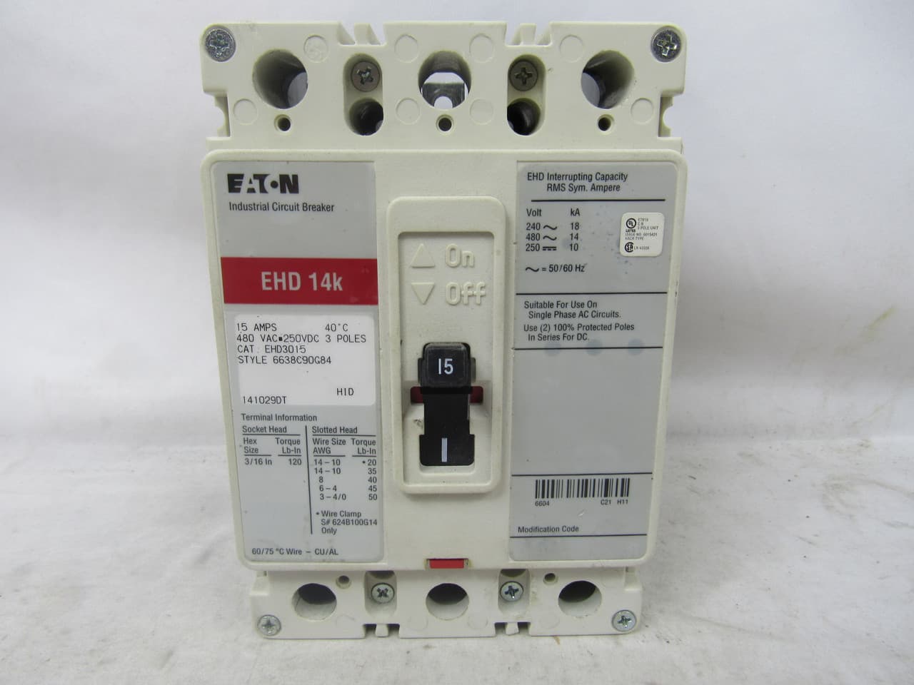 Eaton EHD3015 EHD3015 Eaton - Eaton Series C complete molded case circuit breaker, F-frame, EHD, Complete breaker, Fixed thermal, Fixed magnetic trip type, Three-pole, 15 A, Load side, 50/60 Hz Eaton EHD3015 EHD3015 Eaton - Eaton Series C complete molded case circuit breaker, F-frame, EHD, Complete breaker, Fixed thermal, Fixed magnetic trip type, Three-pole, 15 A, Load side, 50/60 Hz