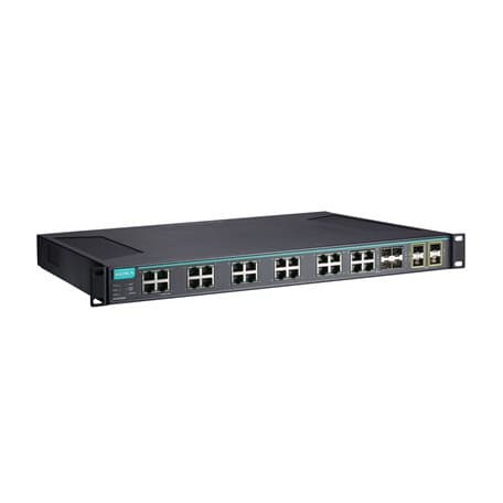 Moxa ICS-G7828A-4XG-HV-HV-T Layer 3 full Gigabit managed Ethernet switch with 20 10/100/1000BaseT(X) ports, 4 10/100/1000BaseT(X) or 100/1000BaseSFP slot combo ports, 4 10GbE SFP+ slots, 2 isolated power supplies (85 to 264 VAC), -40 to 75°C operating temperature Moxa ICS-G7828A-4XG-HV-HV-T Layer 3 full Gigabit managed Ethernet switch with 20 10/100/1000BaseT(X) ports, 4 10/100/1000BaseT(X) or 100/1000BaseSFP slot combo ports, 4 10GbE SFP+ slots, 2 isolated power supplies (85 to 264 VAC), -40 to 75°C operating temperature