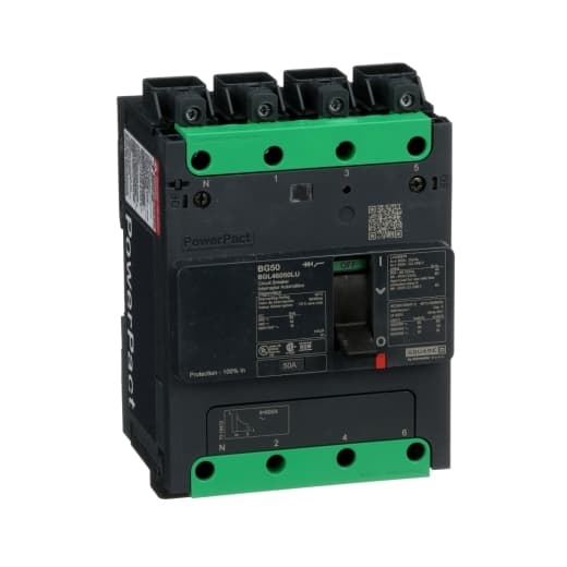 Schneider Electric BGL46050LU Square D by Schneider Electric BGL46050LU is a Moulded Case Circuit Breaker (MCCB) within the PowerPacT BGL sub-range, featuring a PowerPact B-Frame 100 TMD design. It is a 4-pole (4P) device with a rated current of 50A and a rated voltage of 600Vac 600Y/347Vac. The breaker is equipped with Everlink (Creep compensating) lugs on both line and load sides, plus a Control Wire terminal (CWT) on the line side only, offering a connection type designed for robustness. It has a rated impulse voltage (Uimp) of 8 kV and provides a degree of protection of IP40. The MCCB's mechanical durability is rated at 20,000 operations at no load, and it can be mounted either on a DIN rail or as an individual unit on a plate. Its protection settings include over-current fixed at 50A, short-circuit hold current fixed at 480A, and short-circuit trip current fixed at 720A. The device measures 137 mm in height, 80 mm in depth, and 108 mm in width. It operates with a rated insulation voltage (Ui) of 800 V and a rated operating voltage (Ue) of 525 V. The MCCB offers thermal protection for overload and magnetic protection for short-circuits, with a trip current rating of 50 AT. Its electrical durability with load is 10,000 operations at 440Vac; In. The frame current rating is 100 AF, and it operates via a toggle (manual) mode. The short circuit breaking rating varies by voltage, with 65kA at 240Vac, 35kA at 480Vac and 480Y/277Vac, 18kA at 600Y/347Vac, and 20kA at 250Vdc, all according to UL489 standards. The trip unit type is thermal-magnetic (fixed) without a display. Schneider Electric BGL46050LU Square D by Schneider Electric BGL46050LU is a Moulded Case Circuit Breaker (MCCB) within the PowerPacT BGL sub-range, featuring a PowerPact B-Frame 100 TMD design. It is a 4-pole (4P) device with a rated current of 50A and a rated voltage of 600Vac 600Y/347Vac. The breaker is equipped with Everlink (Creep compensating) lugs on both line and load sides, plus a Control Wire terminal (CWT) on the line side only, offering a connection type designed for robustness. It has a rated impulse voltage (Uimp) of 8 kV and provides a degree of protection of IP40. The MCCB's mechanical durability is rated at 20,000 operations at no load, and it can be mounted either on a DIN rail or as an individual unit on a plate. Its protection settings include over-current fixed at 50A, short-circuit hold current fixed at 480A, and short-circuit trip current fixed at 720A. The device measures 137 mm in height, 80 mm in depth, and 108 mm in width. It operates with a rated insulation voltage (Ui) of 800 V and a rated operating voltage (Ue) of 525 V. The MCCB offers thermal protection for overload and magnetic protection for short-circuits, with a trip current rating of 50 AT. Its electrical durability with load is 10,000 operations at 440Vac; In. The frame current rating is 100 AF, and it operates via a toggle (manual) mode. The short circuit breaking rating varies by voltage, with 65kA at 240Vac, 35kA at 480Vac and 480Y/277Vac, 18kA at 600Y/347Vac, and 20kA at 250Vdc, all according to UL489 standards. The trip unit type is thermal-magnetic (fixed) without a display.