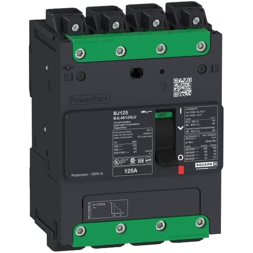 Schneider Electric BJL46015LU Square D by Schneider Electric BJL46015LU is a Moulded Case Circuit Breaker (MCCB) within the PowerPacT BJL sub-range, featuring a PowerPact B-Frame 100 TMD 4P 15A 600Y/347Vac 25kA design. It includes Everlink (Creep compensating) lugs on both line and load sides and a Control Wire terminal (CWT) on the line side only. This MCCB has a degree of protection rated at IP40 and operates with a rated current of 15A and a rated voltage of 600Vac 600Y/347Vac. It is designed for fixed mounting on a DIN rail or as an individual unit mount on a plate, with a 4-pole (4P) configuration. The unit measures 137 mm in height, 80 mm in depth, and 108 mm in width. It falls under utilisation category A and offers protection settings including over-current fixed at 15A, short-circuit hold current fixed at 400A, and short-circuit trip current fixed at 600A. The BJL46015LU has a rated insulation voltage (Ui) of 800 V, a rated operating voltage (Ue) of 690 V, and provides thermal and magnetic protection functions. Its trip current rating is 15 AT, with a frame current rating of 100 AF. The operating mode is manual toggle, and it has a short circuit breaking rating that varies depending on the voltage, including 100kA at 240Vac, 65kA at 480Vac, and 25kA at 600Y/347Vac, among others. The trip unit type is thermal-magnetic (fixed) with no display. Schneider Electric BJL46015LU Square D by Schneider Electric BJL46015LU is a Moulded Case Circuit Breaker (MCCB) within the PowerPacT BJL sub-range, featuring a PowerPact B-Frame 100 TMD 4P 15A 600Y/347Vac 25kA design. It includes Everlink (Creep compensating) lugs on both line and load sides and a Control Wire terminal (CWT) on the line side only. This MCCB has a degree of protection rated at IP40 and operates with a rated current of 15A and a rated voltage of 600Vac 600Y/347Vac. It is designed for fixed mounting on a DIN rail or as an individual unit mount on a plate, with a 4-pole (4P) configuration. The unit measures 137 mm in height, 80 mm in depth, and 108 mm in width. It falls under utilisation category A and offers protection settings including over-current fixed at 15A, short-circuit hold current fixed at 400A, and short-circuit trip current fixed at 600A. The BJL46015LU has a rated insulation voltage (Ui) of 800 V, a rated operating voltage (Ue) of 690 V, and provides thermal and magnetic protection functions. Its trip current rating is 15 AT, with a frame current rating of 100 AF. The operating mode is manual toggle, and it has a short circuit breaking rating that varies depending on the voltage, including 100kA at 240Vac, 65kA at 480Vac, and 25kA at 600Y/347Vac, among others. The trip unit type is thermal-magnetic (fixed) with no display.