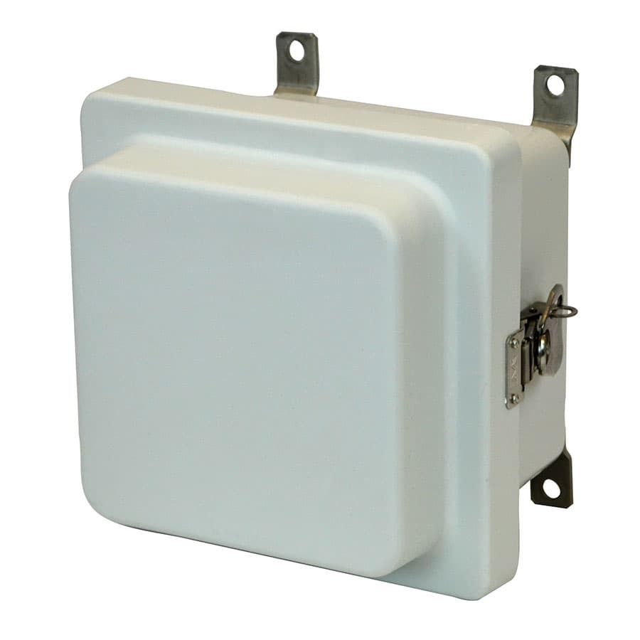 Allied Moulded Products AM664RT 6"x6"x4" AM Series fiberglass wall mount enclosure assembly with raised hinged cover and stainless steel twist latch Allied Moulded Products AM664RT 6"x6"x4" AM Series fiberglass wall mount enclosure assembly with raised hinged cover and stainless steel twist latch
