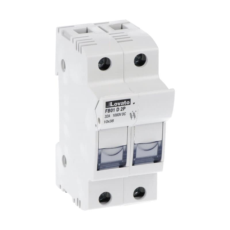 Lovato Electric FB01D2P FB01D2P Lovato - Fuse holder UL certified for photovoltaic applications, for 10X38mm fuses. 32A rated current at 1000VDC, 2P. Without status indicator. 2 modules Lovato Electric FB01D2P FB01D2P Lovato - Fuse holder UL certified for photovoltaic applications, for 10X38mm fuses. 32A rated current at 1000VDC, 2P. Without status indicator. 2 modules