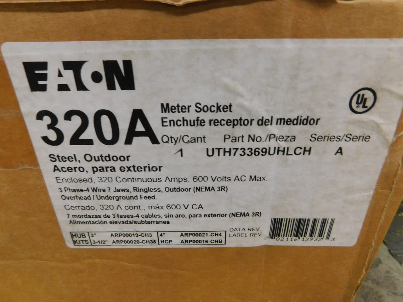 Eaton UTH73369UHLCH UTH73369UHLCH Eaton - Eaton meter socket, 1-pos commercial or resi service, 320A, Over/under, 5x5 inch hub cover plate, #14-1/0 AWG, 7-jaw, 1-ph, #6-350 kcmil, Lever bypass, Gnd conn (#14-#2 Cu), Triplex, 3-wire, Ringless, 600 Vac Eaton UTH73369UHLCH UTH73369UHLCH Eaton - Eaton meter socket, 1-pos commercial or resi service, 320A, Over/under, 5x5 inch hub cover plate, #14-1/0 AWG, 7-jaw, 1-ph, #6-350 kcmil, Lever bypass, Gnd conn (#14-#2 Cu), Triplex, 3-wire, Ringless, 600 Vac