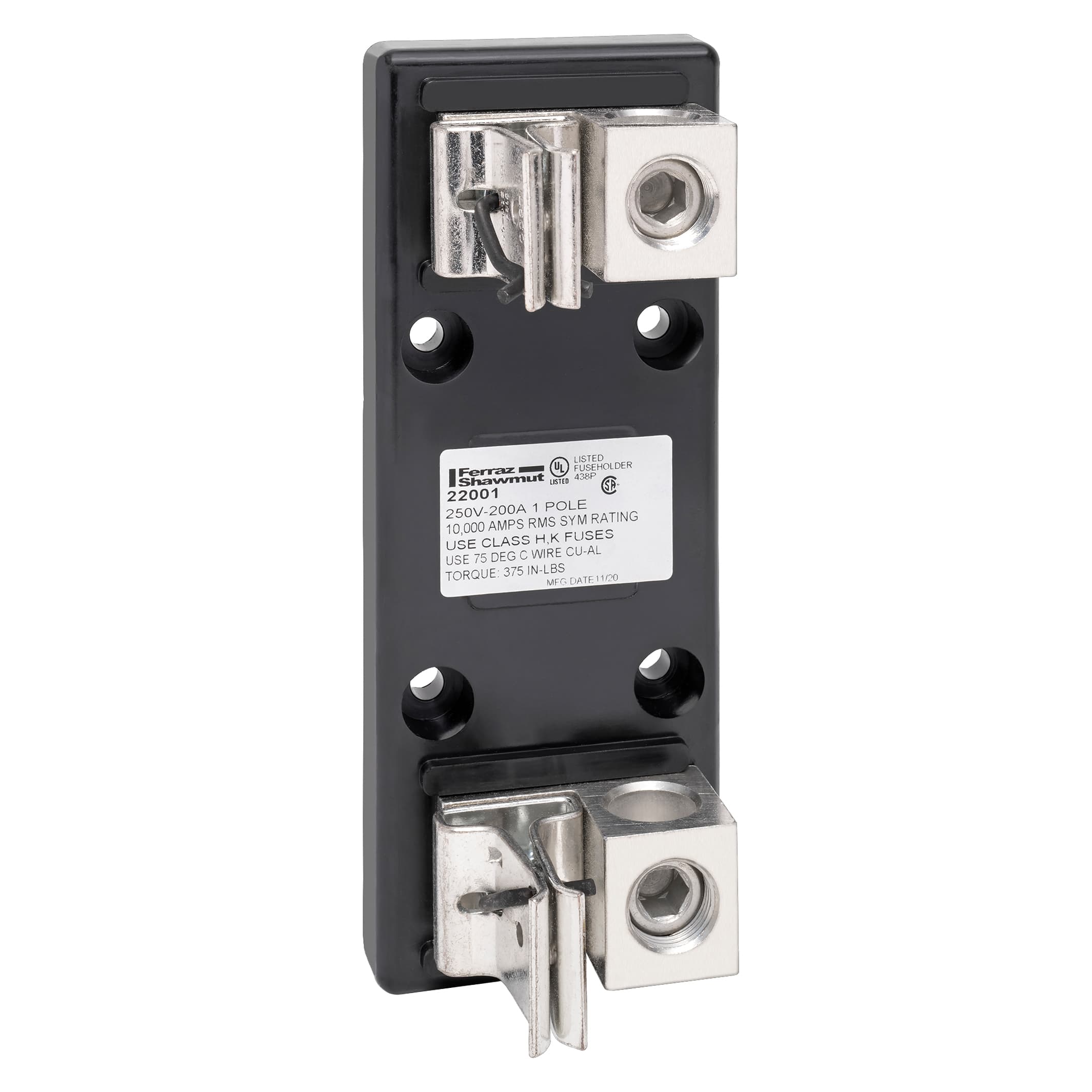 Mersen 22001 22001 Mersen - Fuse Block 250VAC 250VDC Class H/K 200A 1-Pole Box Side-Clip Mersen 22001 22001 Mersen - Fuse Block 250VAC 250VDC Class H/K 200A 1-Pole Box Side-Clip