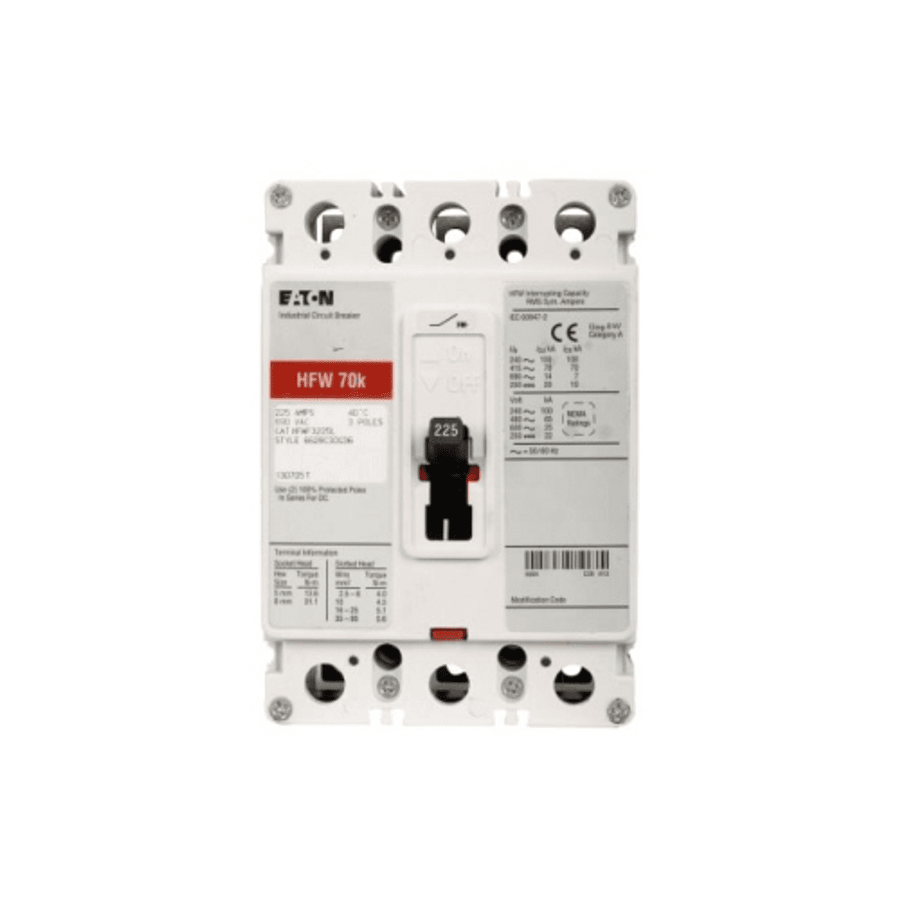 Eaton HFWF3200V HFWF3200V Eaton - Eaton Series C complete molded case circuit breaker, F-Frame, HFWF, Complete breaker, Fixed thermal, fixed magnetic trip type, Three-pole, 200A, 240 Vac, 70 kAIC at 240 Vac, Load side, 50°C Eaton HFWF3200V HFWF3200V Eaton - Eaton Series C complete molded case circuit breaker, F-Frame, HFWF, Complete breaker, Fixed thermal, fixed magnetic trip type, Three-pole, 200A, 240 Vac, 70 kAIC at 240 Vac, Load side, 50°C