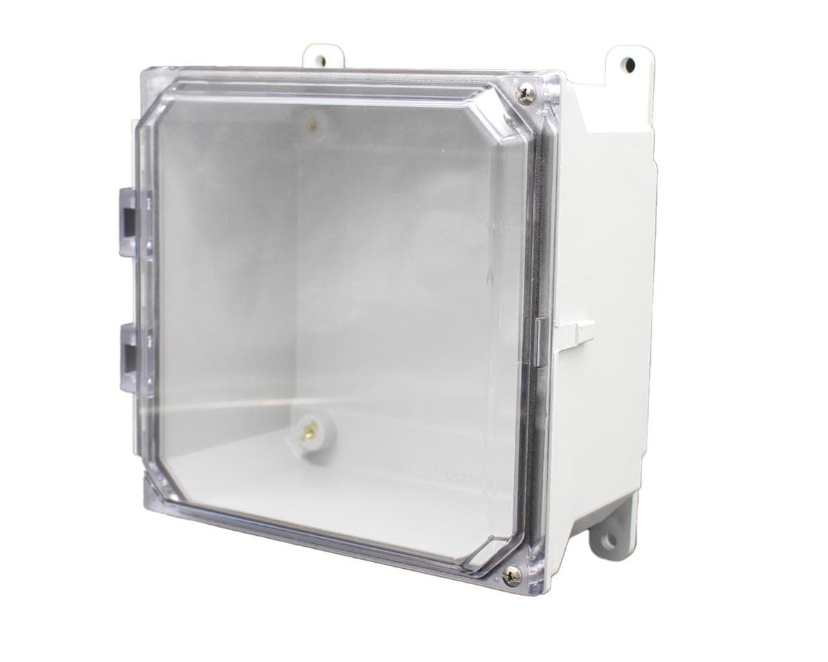 Allied Moulded Products AMU884CCH 8"x8"x4" ULTRALINE® fiberglass wall mount enclosure assembly with 2-screw hinged clear cover Allied Moulded Products AMU884CCH 8"x8"x4" ULTRALINE® fiberglass wall mount enclosure assembly with 2-screw hinged clear cover