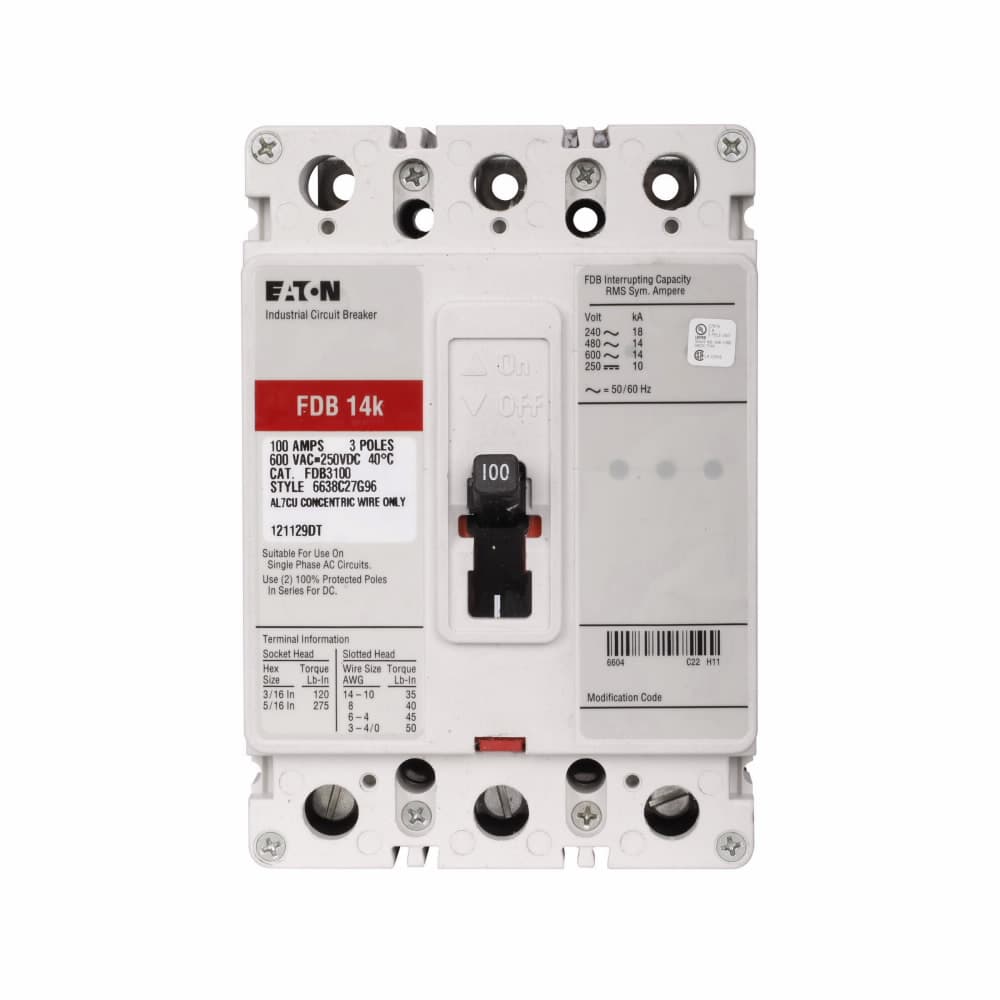 Eaton FDB3050LA02 Eaton Series C complete molded case circuit breaker, F-frame, FDB, Fixed thermal, fixed magnetic trip, Three-pole, 50A, 600 Vac, 250 Vdc, 18 kAIC at 240 Vac, 14 kAIC at 480 Vac, Line and load, 1A-1B rear w/ left pigtail, 50/60 Hz Eaton FDB3050LA02 Eaton Series C complete molded case circuit breaker, F-frame, FDB, Fixed thermal, fixed magnetic trip, Three-pole, 50A, 600 Vac, 250 Vdc, 18 kAIC at 240 Vac, 14 kAIC at 480 Vac, Line and load, 1A-1B rear w/ left pigtail, 50/60 Hz