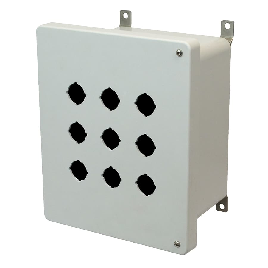 Allied Moulded Products AM1086HP9 10"x8"x6" AM Series fiberglass wall mount enclosure assembly with 2-screw hinged cover and 9 pushbutton holes Allied Moulded Products AM1086HP9 10"x8"x6" AM Series fiberglass wall mount enclosure assembly with 2-screw hinged cover and 9 pushbutton holes