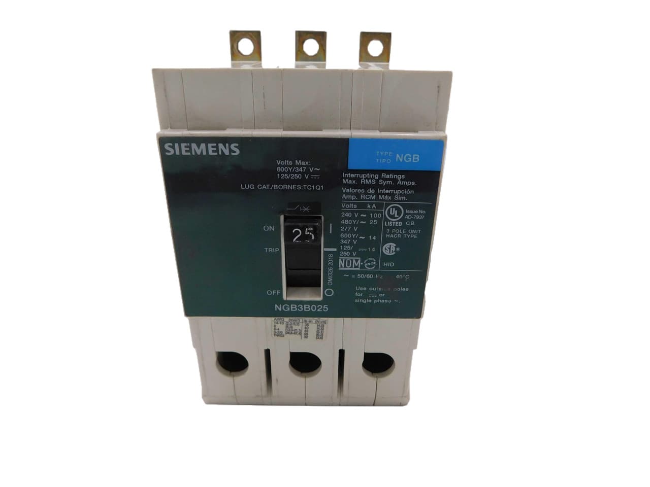 Siemens NGB3B025 240/480/600/347 VAC 50/60 Hz, 125/250 VDC, 25 A, 100 kA, 3-Pole, Molded Case, Thermal Magnetic Trip Unit Siemens NGB3B025 240/480/600/347 VAC 50/60 Hz, 125/250 VDC, 25 A, 100 kA, 3-Pole, Molded Case, Thermal Magnetic Trip Unit