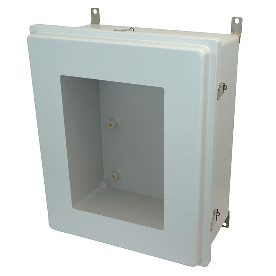 Allied Moulded Products AM24200RLW 24"x20"x10" Control Series fiberglass wall mount enclosure assembly with raised hinged window cover and stainless-steel snap latches Allied Moulded Products AM24200RLW 24"x20"x10" Control Series fiberglass wall mount enclosure assembly with raised hinged window cover and stainless-steel snap latches