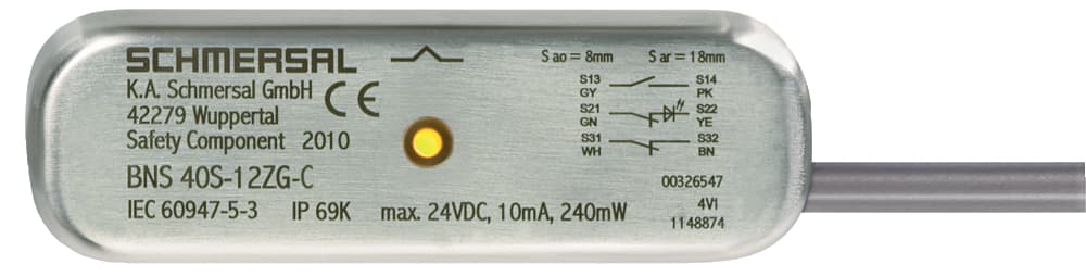 Schmersal BNS 40S-12ZG-C 20,0M Safety sensors; Magnetic safety sensors; LED version; especially easy to clean through concealed threaded holes at the rear; Stainless steel enclosure; Cable connection suitable for the food industry; Concealed mounting possible; 88 mm x 27 mm x 14,5 mm; Schmersal BNS 40S-12ZG-C 20,0M Safety sensors; Magnetic safety sensors; LED version; especially easy to clean through concealed threaded holes at the rear; Stainless steel enclosure; Cable connection suitable for the food industry; Concealed mounting possible; 88 mm x 27 mm x 14,5 mm;