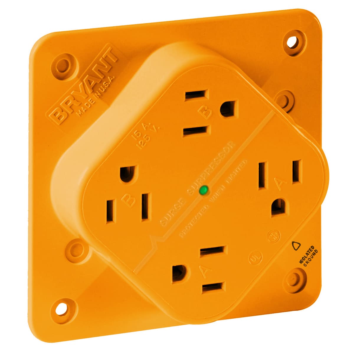 Hubbell 1254IGO Straight Blade Devices, Receptacles, Quad-PLEX, Commercial/Industrial Grade, Isolated Ground, 15A 125V, 2-Pole 3-Wire Grounding, 5-15R, Orange, Single Pack ; Isolated Ground Hubbell 1254IGO Straight Blade Devices, Receptacles, Quad-PLEX, Commercial/Industrial Grade, Isolated Ground, 15A 125V, 2-Pole 3-Wire Grounding, 5-15R, Orange, Single Pack ; Isolated Ground