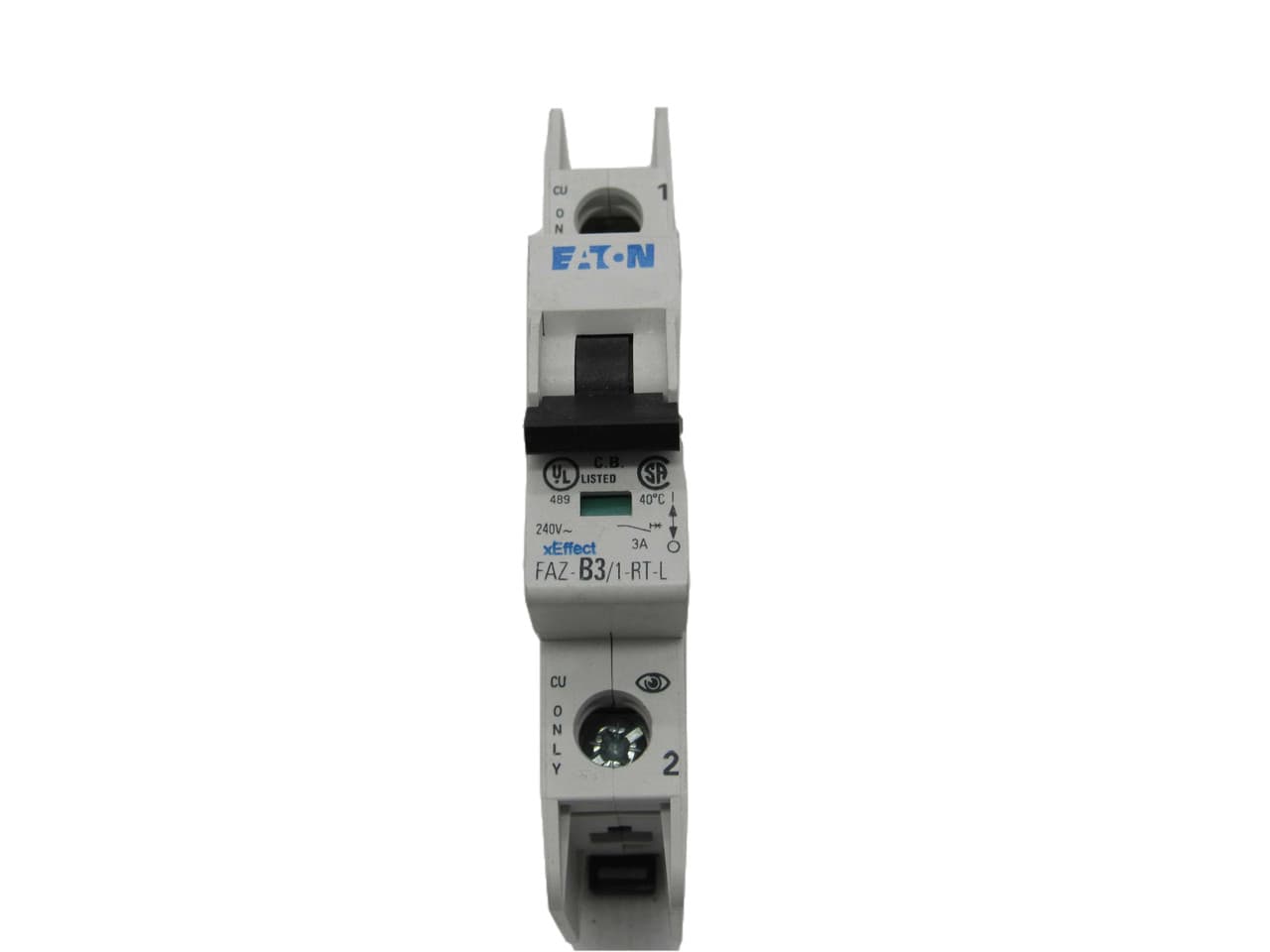 Eaton FAZ-B3/1-RT-L Miniature circuir breaker, 1 pole, 3 A, B trip curve, 240 VAC, ring-tongue terminals, UL489 Eaton FAZ-B3/1-RT-L Miniature circuir breaker, 1 pole, 3 A, B trip curve, 240 VAC, ring-tongue terminals, UL489