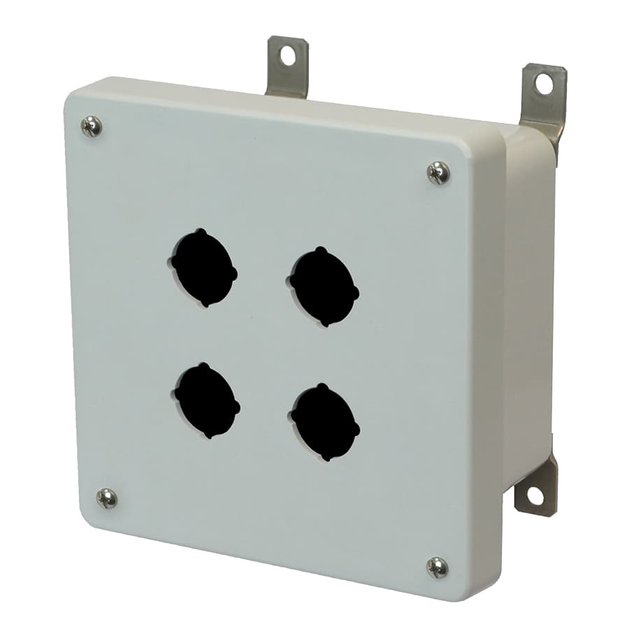 Allied Moulded Products AM664P4 6"x6"x4" AM Series fiberglass wall mount enclosure assembly with 4-screw lift-off cover and 4 pushbutton holes Allied Moulded Products AM664P4 6"x6"x4" AM Series fiberglass wall mount enclosure assembly with 4-screw lift-off cover and 4 pushbutton holes