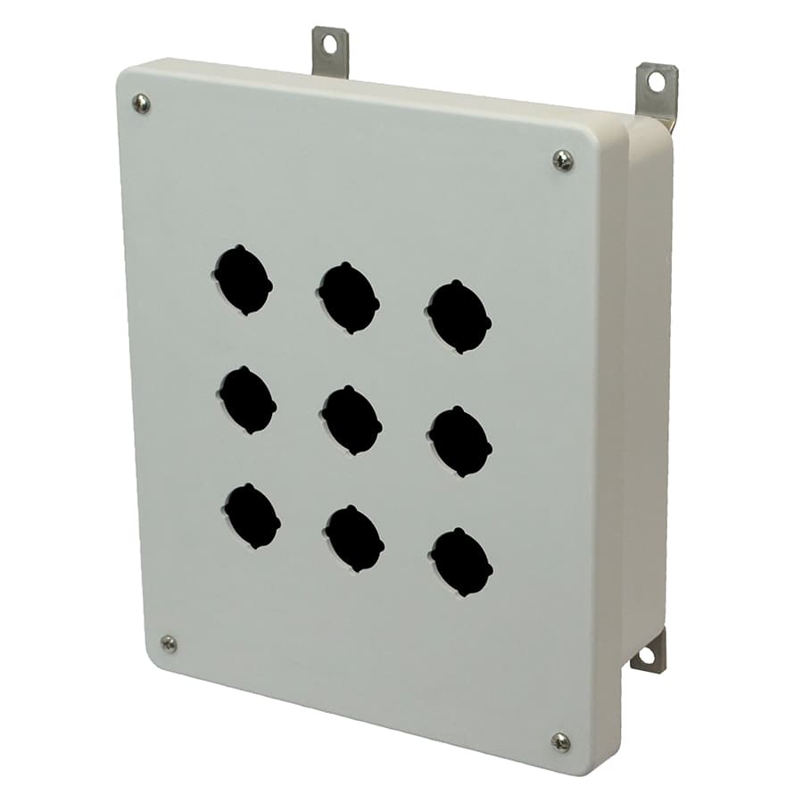 Allied Moulded Products AM1084P9 10"x8"x4" AM Series fiberglass wall mount enclosure assembly with 4-screw lift-off cover and 9 pushbutton holes Allied Moulded Products AM1084P9 10"x8"x4" AM Series fiberglass wall mount enclosure assembly with 4-screw lift-off cover and 9 pushbutton holes