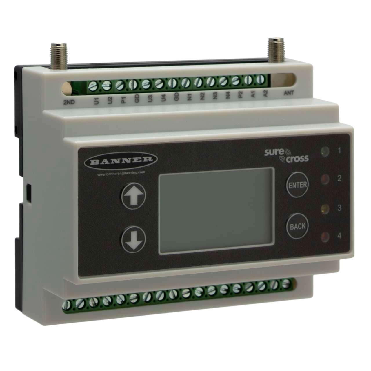 Banner DXM100-B1R4 DXM100 Controller; MultiHop Radio 2.4 GHz 65 mW; Inputs: 4 Universal; Outputs: 4 NMOS Discrete, 2 Selectable Analog, 2 Switched Power, 1 Courtesy Power; SAM4 processor, LCD Display; RS485, Ethernet, USB, CAN, RS232, Solar/Battery Controller Banner DXM100-B1R4 DXM100 Controller; MultiHop Radio 2.4 GHz 65 mW; Inputs: 4 Universal; Outputs: 4 NMOS Discrete, 2 Selectable Analog, 2 Switched Power, 1 Courtesy Power; SAM4 processor, LCD Display; RS485, Ethernet, USB, CAN, RS232, Solar/Battery Controller