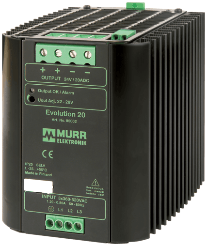 Murr Elektronik 85642 85642 Murrelektronik - EVOLUTION+ POWER SUPPLY 3-PHASE, IN: 360-520VAC OUT: 22-28V/20ADC, Extra-power - for 4 seconds 50% additional power, Alarm Contact and varnished PCB Murr Elektronik 85642 85642 Murrelektronik - EVOLUTION+ POWER SUPPLY 3-PHASE, IN: 360-520VAC OUT: 22-28V/20ADC, Extra-power - for 4 seconds 50% additional power, Alarm Contact and varnished PCB