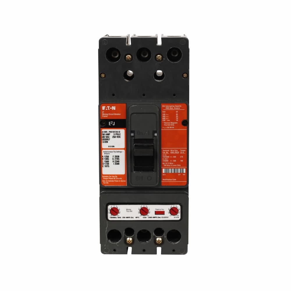 Eaton E2J3200WA06U18 E2J3200WA06U18 Eaton - Eaton E2 mining complete molded case circuit breaker, J-frame, E2J, Interchangeable thermal-magnetic trip, 1000-2000A, 3-pole, 200A, 600 Vac, 250 Vdc, 1A-1B rear w/right pigtail aux switch, 110-127 Vac rear w/left pigtail undervolt release Eaton E2J3200WA06U18 E2J3200WA06U18 Eaton - Eaton E2 mining complete molded case circuit breaker, J-frame, E2J, Interchangeable thermal-magnetic trip, 1000-2000A, 3-pole, 200A, 600 Vac, 250 Vdc, 1A-1B rear w/right pigtail aux switch, 110-127 Vac rear w/left pigtail undervolt release