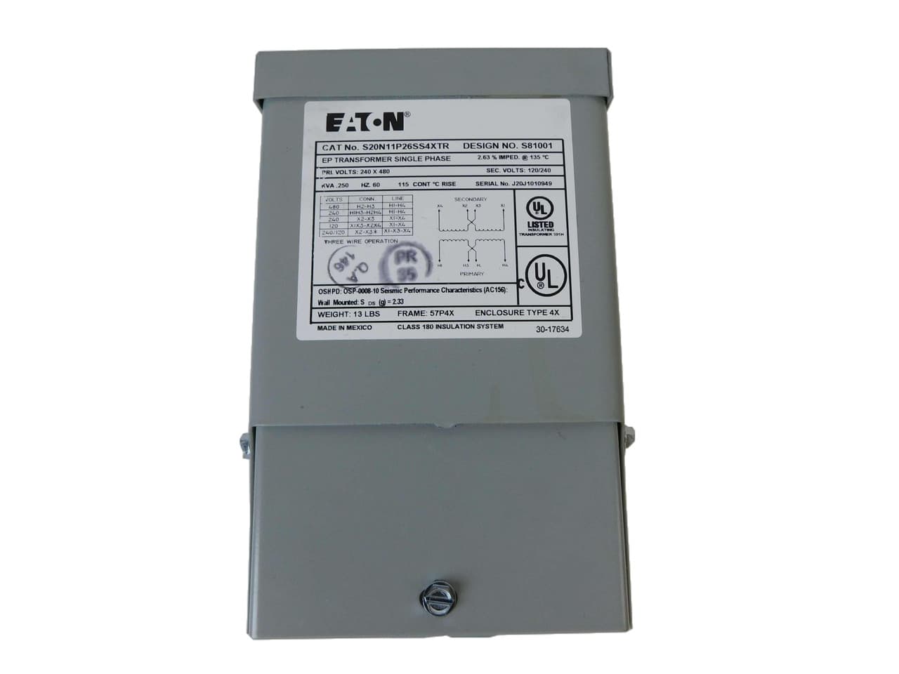 Eaton S20N11P26SS4XTR Eaton S20N11P26SS4XTR Other Transformers Encapsulated Transformer 480V 1Ph EA NEMA 4X Secondary Voltage 120/240V 0.25 KVA Eaton S20N11P26SS4XTR Eaton S20N11P26SS4XTR Other Transformers Encapsulated Transformer 480V 1Ph EA NEMA 4X Secondary Voltage 120/240V 0.25 KVA