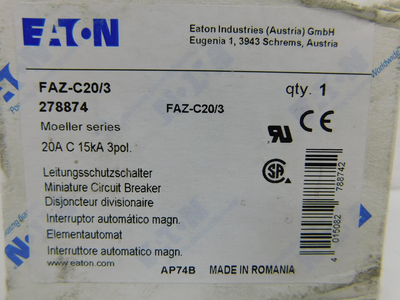 Eaton FAZ-C20/3 Eaton FAZ supplementary protector,UL 1077 Industrial miniature circuit breaker - supplementary protector,Medium levels of inrush current are expected,20 A,15 kAIC,Three-pole,5-10X /n,50-60 Hz,Standard terminals,C Curve Eaton FAZ-C20/3 Eaton FAZ supplementary protector,UL 1077 Industrial miniature circuit breaker - supplementary protector,Medium levels of inrush current are expected,20 A,15 kAIC,Three-pole,5-10X /n,50-60 Hz,Standard terminals,C Curve