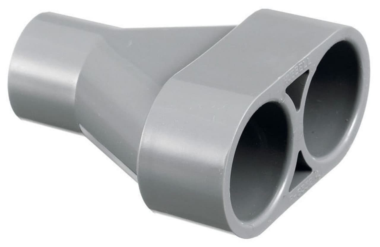Hubbell PFBYA1 Concrete Floorboxes, Flush, Round PVC Box Series, PFB1 "Y" Adapter, Change Single 3/4" PVC Conduit into Two 3/4" Parallel Runs ; ¾" Y-Adapter to Feed Parallel ¾" PVC Conduit Runs into One Hub ; PVC Construction ; “Y” Adapter to Peed Parallel Runs of ¾" P Hubbell PFBYA1 Concrete Floorboxes, Flush, Round PVC Box Series, PFB1 "Y" Adapter, Change Single 3/4" PVC Conduit into Two 3/4" Parallel Runs ; ¾" Y-Adapter to Feed Parallel ¾" PVC Conduit Runs into One Hub ; PVC Construction ; “Y” Adapter to Peed Parallel Runs of ¾" P