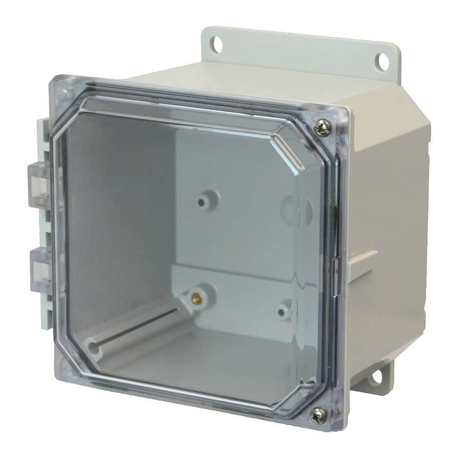 Allied Moulded Products AMP664CCHF 6"x6"x4" POLYLINE® polycarbonate wall mount enclosure assembly with 2-screw hinged clear cover Allied Moulded Products AMP664CCHF 6"x6"x4" POLYLINE® polycarbonate wall mount enclosure assembly with 2-screw hinged clear cover