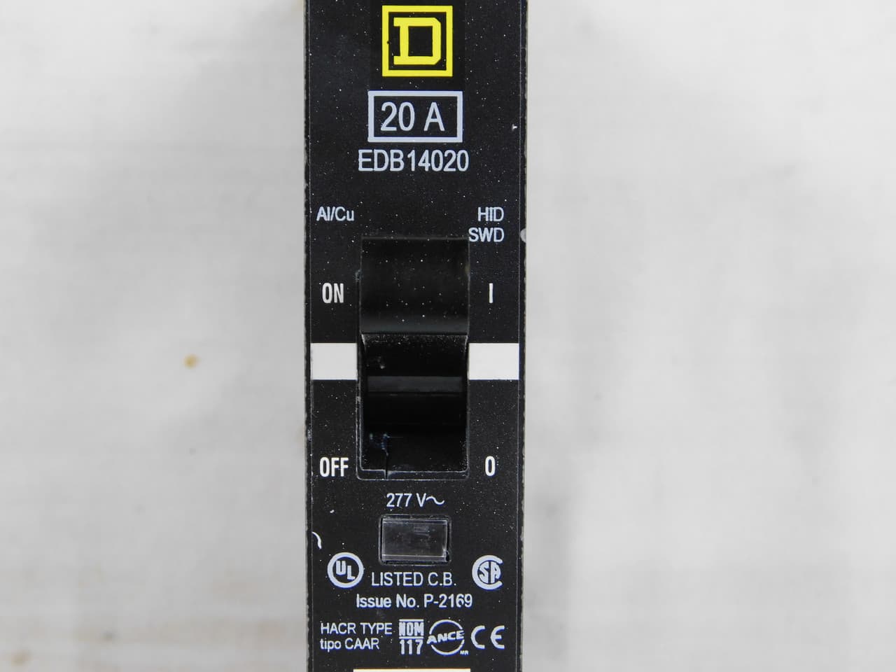 Schneider Electric EDB14020 Square D by Schneider Electric EDB14020 is a Miniature Circuit Breaker (MCB) designed for bolt-on mounting with a visual trip indicator. It features lugs type terminals and an aluminium lugs connection. This MCB operates at a rated voltage of 277 V AC, with a rated current of 20A and is suitable for a single pole configuration. It supports a wire cross-section of 14-6AWG for one copper cable. The EDB14020 offers protection functions against short-circuit and overload conditions, serving as both an Equipment Protection Device (EPD) and a Circuit Breaker (CB) with a breaking capacity code D. It has a short circuit breaking rating of 25kA at 120Vac, 18kA at 240Vac, and 18kA at 277Vac. The thermal-magnetic trip unit has a protection setting with a trip unit rating of 875A. Schneider Electric EDB14020 Square D by Schneider Electric EDB14020 is a Miniature Circuit Breaker (MCB) designed for bolt-on mounting with a visual trip indicator. It features lugs type terminals and an aluminium lugs connection. This MCB operates at a rated voltage of 277 V AC, with a rated current of 20A and is suitable for a single pole configuration. It supports a wire cross-section of 14-6AWG for one copper cable. The EDB14020 offers protection functions against short-circuit and overload conditions, serving as both an Equipment Protection Device (EPD) and a Circuit Breaker (CB) with a breaking capacity code D. It has a short circuit breaking rating of 25kA at 120Vac, 18kA at 240Vac, and 18kA at 277Vac. The thermal-magnetic trip unit has a protection setting with a trip unit rating of 875A.