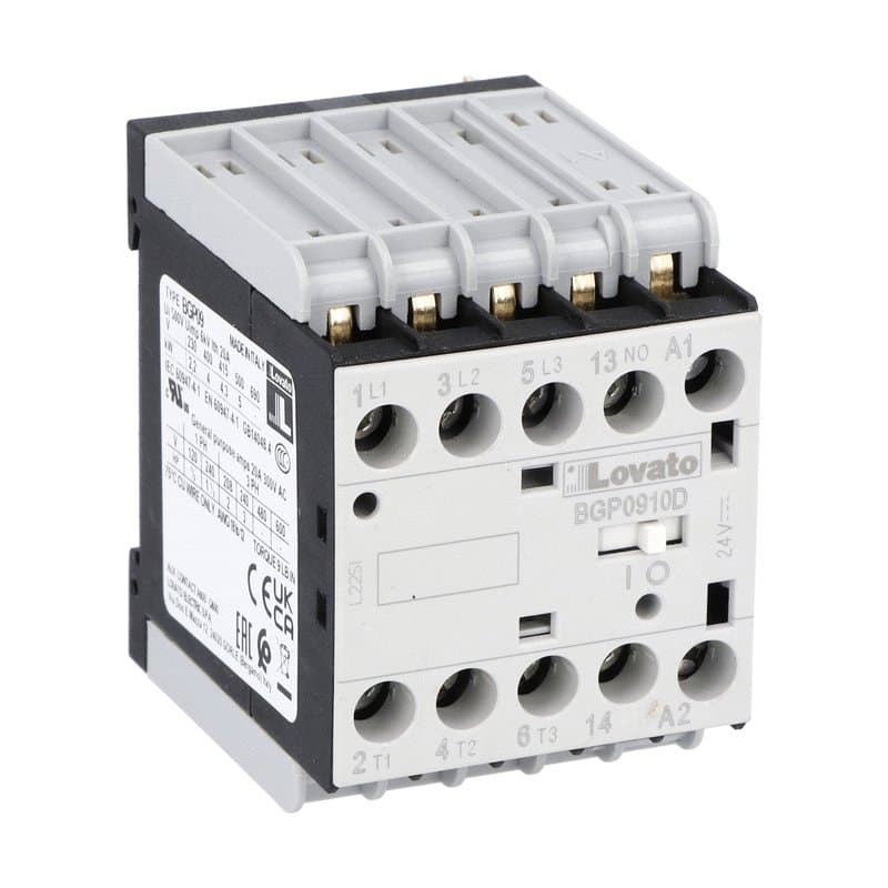 Lovato Electric 11BGP0910D024 11BGP0910D024 Lovato - Three-pole contactor, IEC operating current Ie (AC3) = 9A, DC coil, 24VDC, 1NO auxiliary contact, rear PCB solder pin Lovato Electric 11BGP0910D024 11BGP0910D024 Lovato - Three-pole contactor, IEC operating current Ie (AC3) = 9A, DC coil, 24VDC, 1NO auxiliary contact, rear PCB solder pin