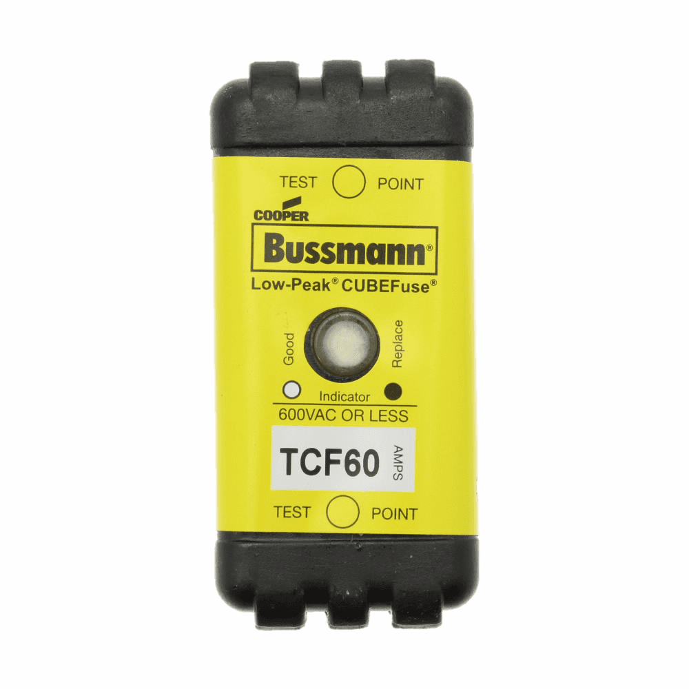 Cooper Bussmann TCF60 TCF60 Cooper Bussmann - Eaton Bussmann series TCF fuse, Finger safe, 600 Vac/300 Vdc, 60A, 300 kAIC at 600 Vac, 100 kAIC at 300 Vdc, Indicating, Time delay, inrush current withstand, Class CF, CUBEFuse, Glass filled PES Cooper Bussmann TCF60 TCF60 Cooper Bussmann - Eaton Bussmann series TCF fuse, Finger safe, 600 Vac/300 Vdc, 60A, 300 kAIC at 600 Vac, 100 kAIC at 300 Vdc, Indicating, Time delay, inrush current withstand, Class CF, CUBEFuse, Glass filled PES