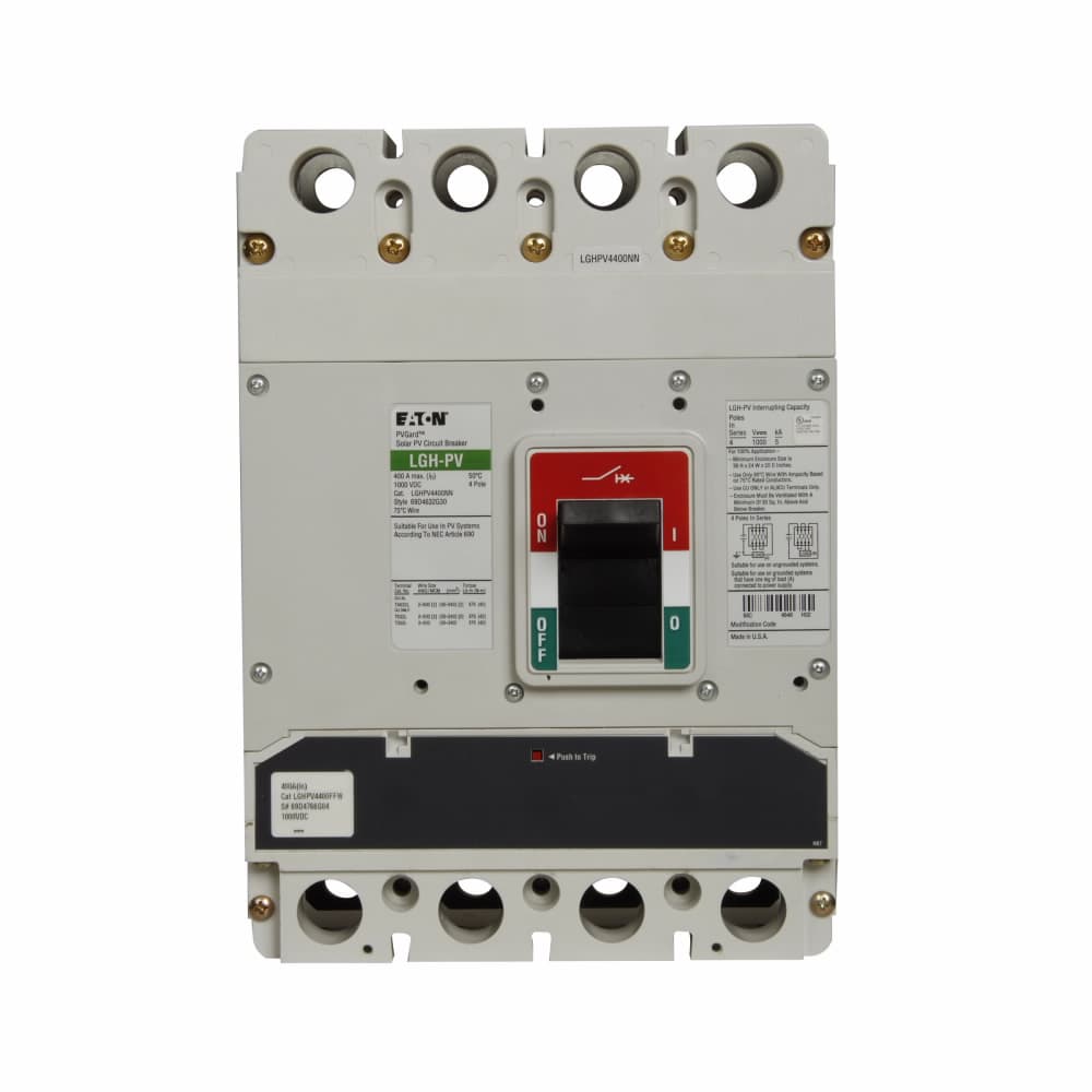 Eaton CLGPV4400W CLGPV4400W Eaton - Eaton PV Guard / Solar complete molded case circuit breaker, LG-frame, LG, Complete breaker, Fixed thermal, fixed magnetic trip type, Four-pole, 400A, 1000 Vdc, 5 kAIC, Without terminals, Photo voltaic, 100% rated, used with Challenger Eaton CLGPV4400W CLGPV4400W Eaton - Eaton PV Guard / Solar complete molded case circuit breaker, LG-frame, LG, Complete breaker, Fixed thermal, fixed magnetic trip type, Four-pole, 400A, 1000 Vdc, 5 kAIC, Without terminals, Photo voltaic, 100% rated, used with Challenger